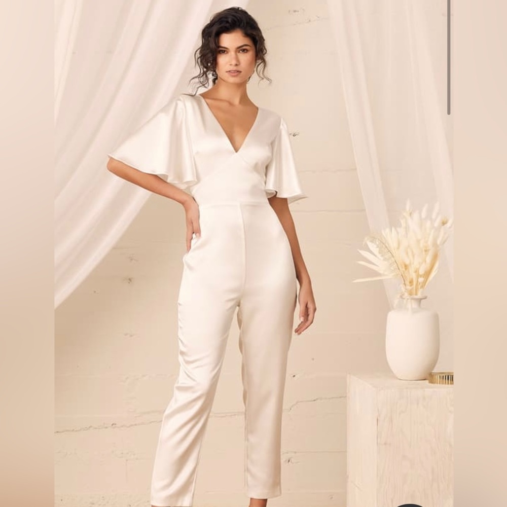 Lulu’s White Satin Flutter Sleeve Jumpsuit
